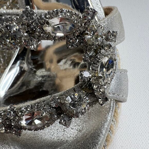 Badgley Mischka Crystal Espadrille Wedge Platform Sandals Silver Leather Size 5 - Picture 13 of 16